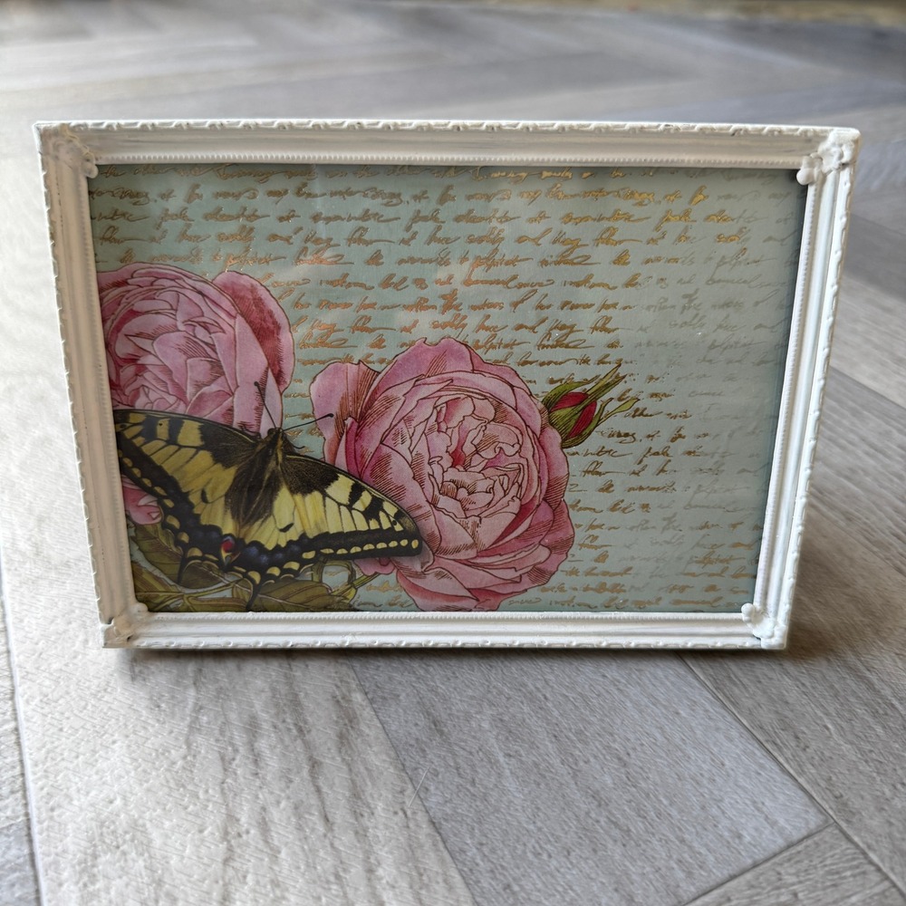 Vintage Style White Floral Embossed Picture Frame Butterfly Rose Art 5x7